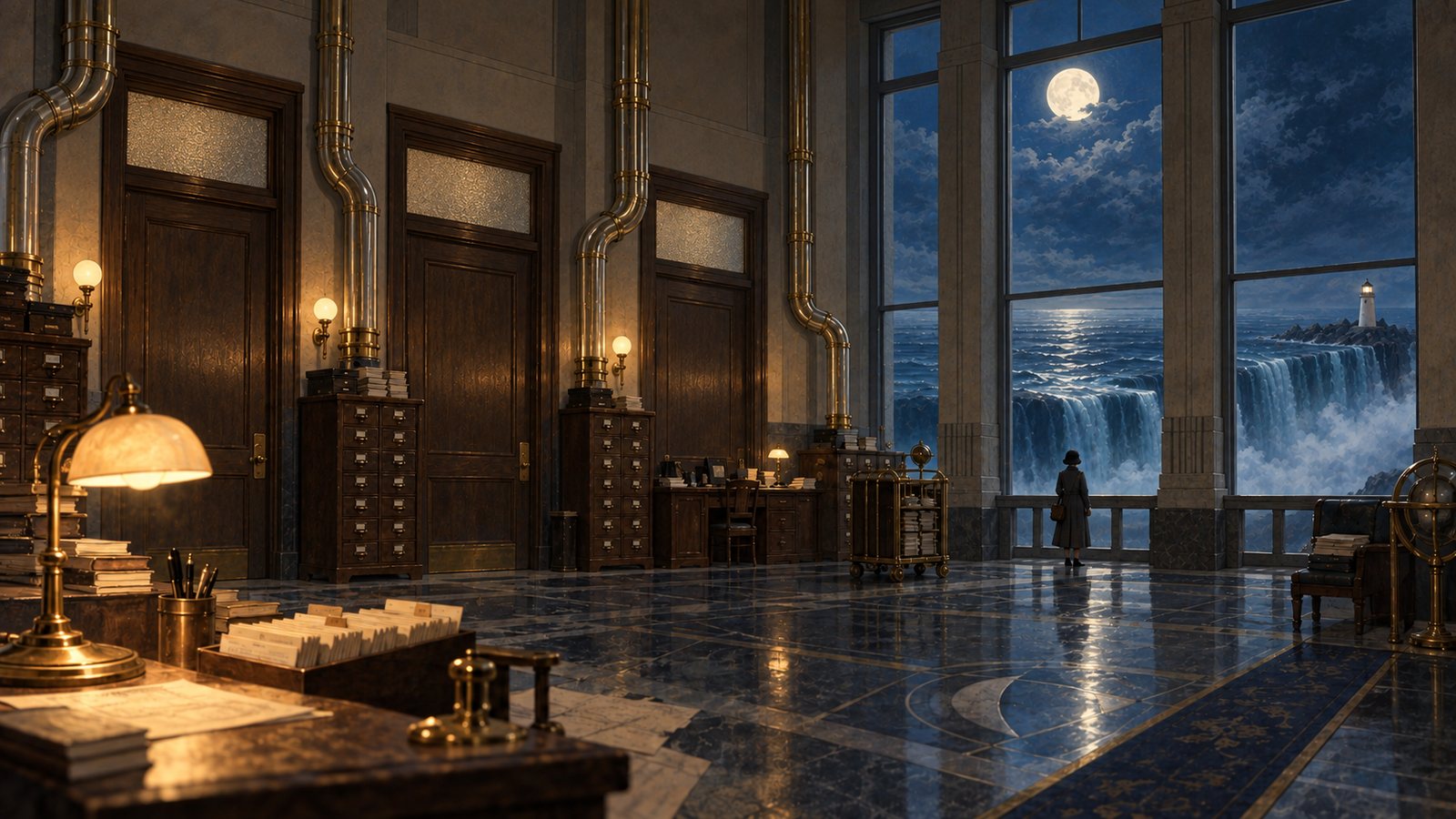 A keeper at a tall window over a moonlit sea, in a lobby of brass pipes and filing cabinets