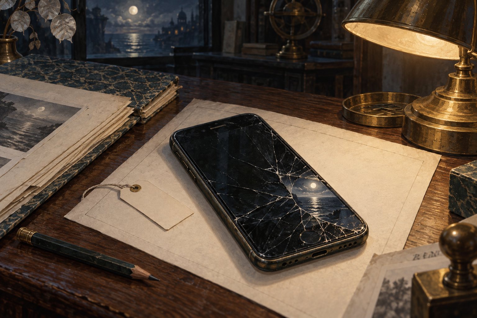 A desk at night under a brass lamp: a cracked phone on a sheet of paper, a blank luggage tag, and the sea in the window